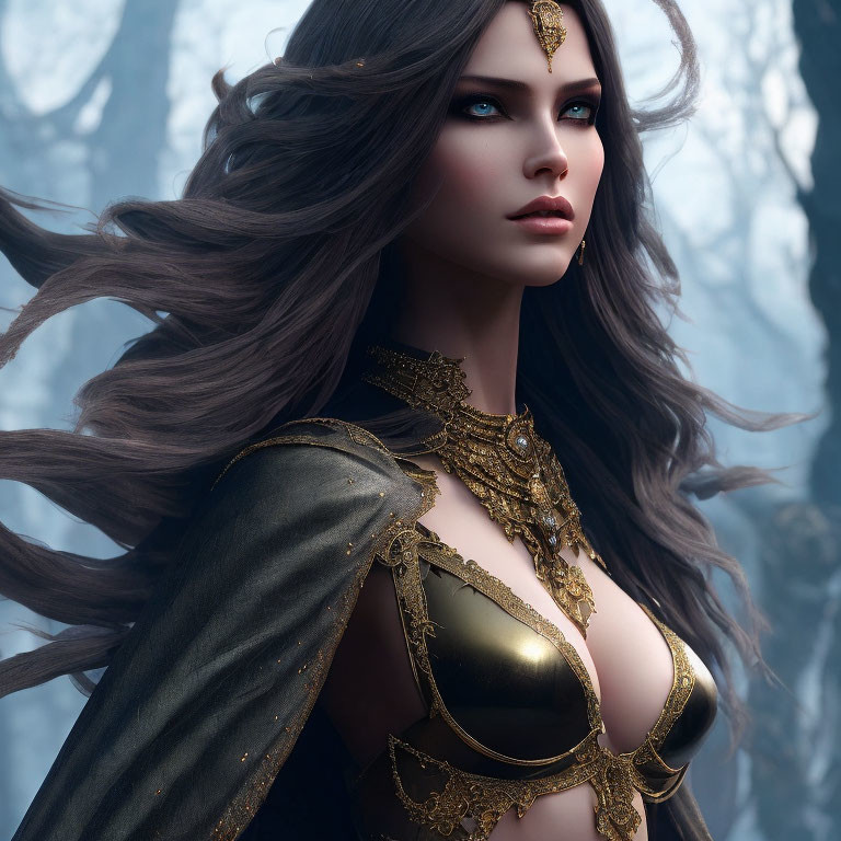 Digital Artwork: Woman in Gold Armor in Misty Forest