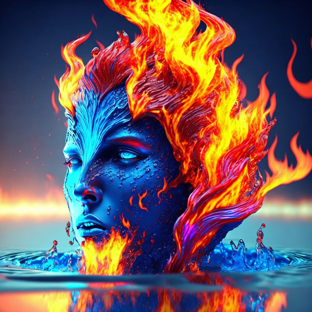 Blue Textured Face with Flaming Orange Hair in Water at Dusk