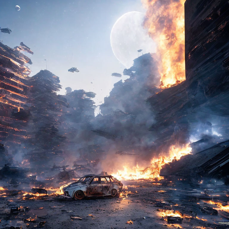 Dystopian scene with burned-out car, ruins, fire, smoke, celestial bodies