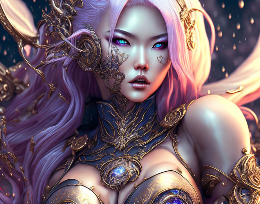 Fantasy digital artwork of female character with purple hair and golden armor