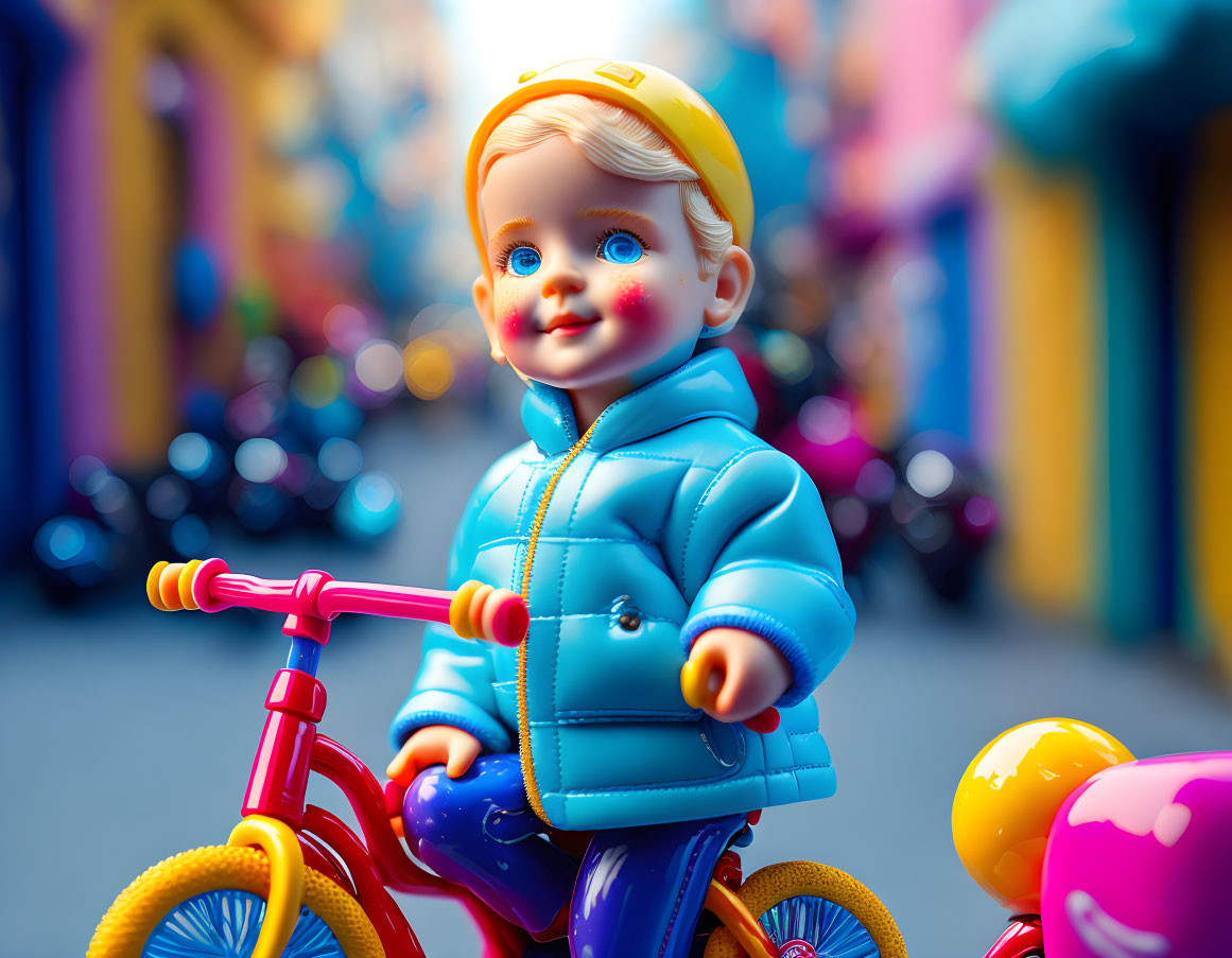 Blue-eyed doll in blue jacket and yellow hat rides red bicycle on colorful background