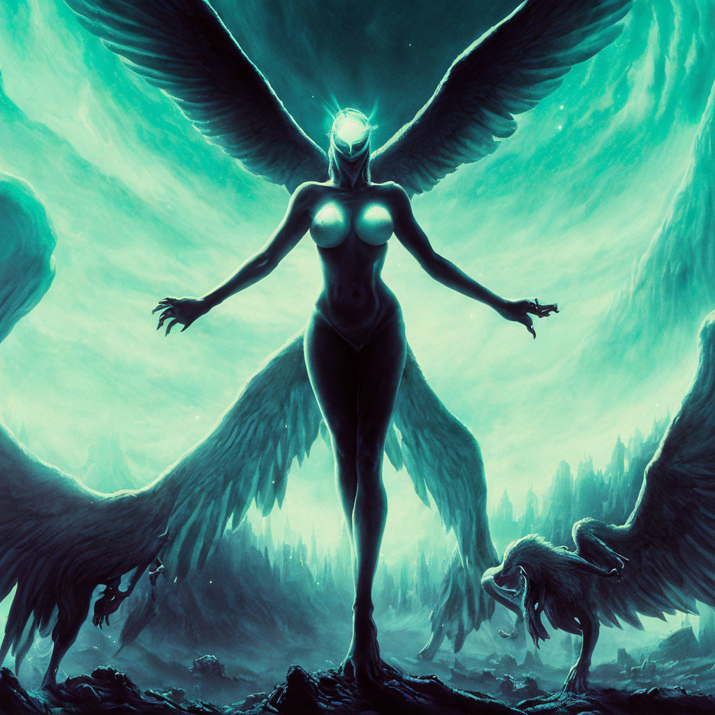 Mystical winged female figure with glowing crown in eerie landscape