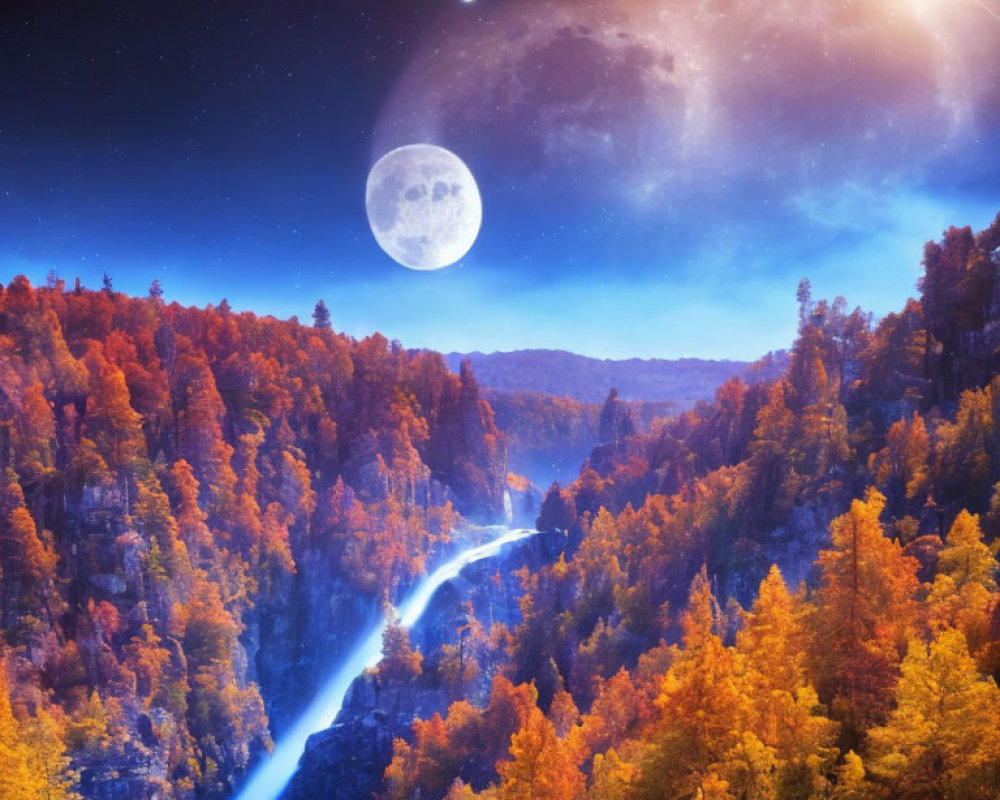 Autumnal forest landscape with waterfall, moon, stars, and comet