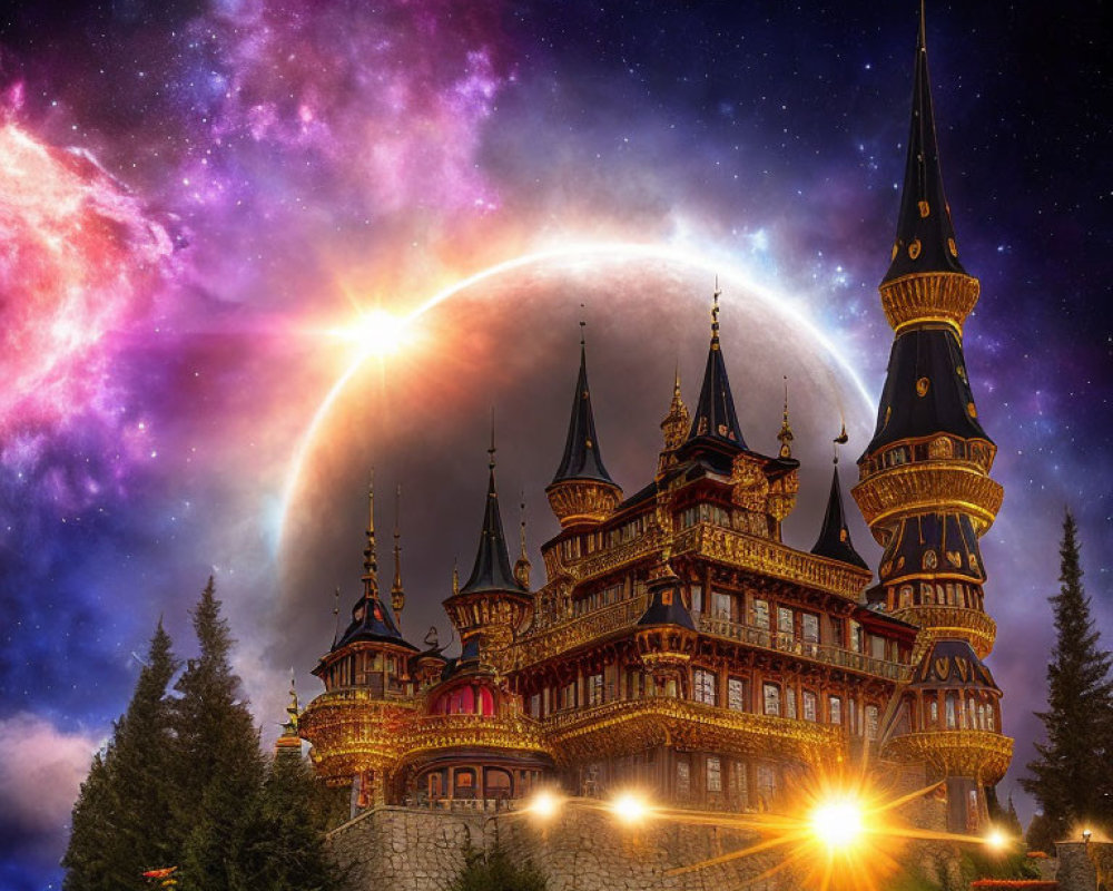 Fantastical castle with spires under cosmic sky and moon.