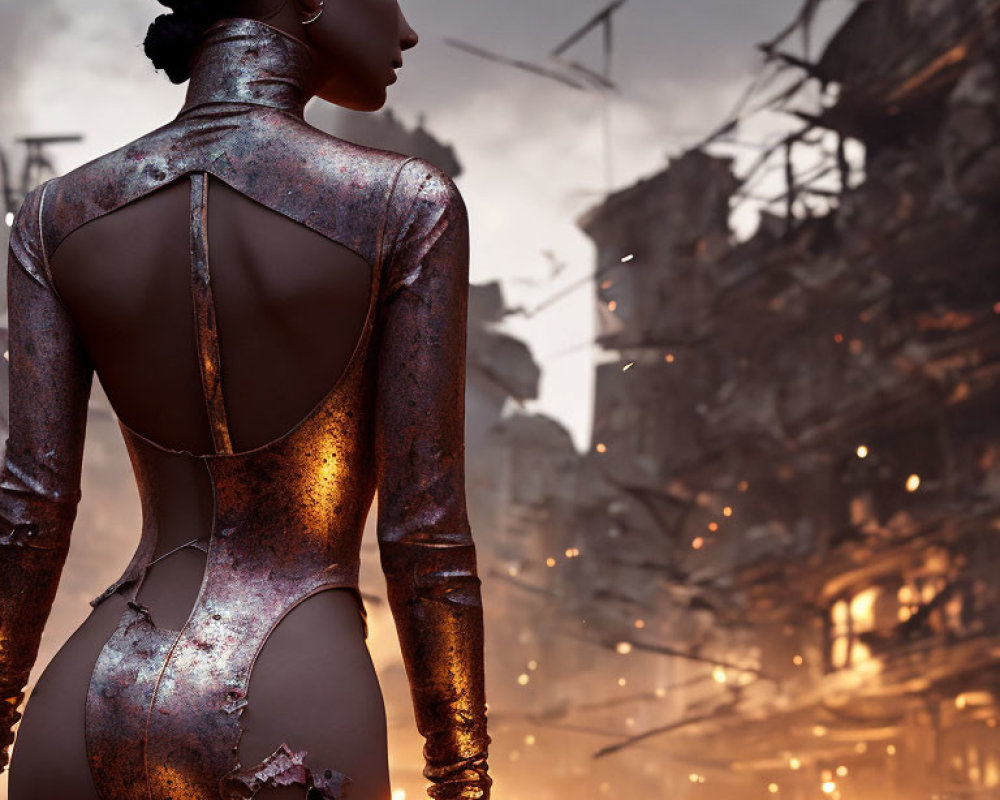 Futuristic woman in metallic bodysuit gazes at dystopian cityscape