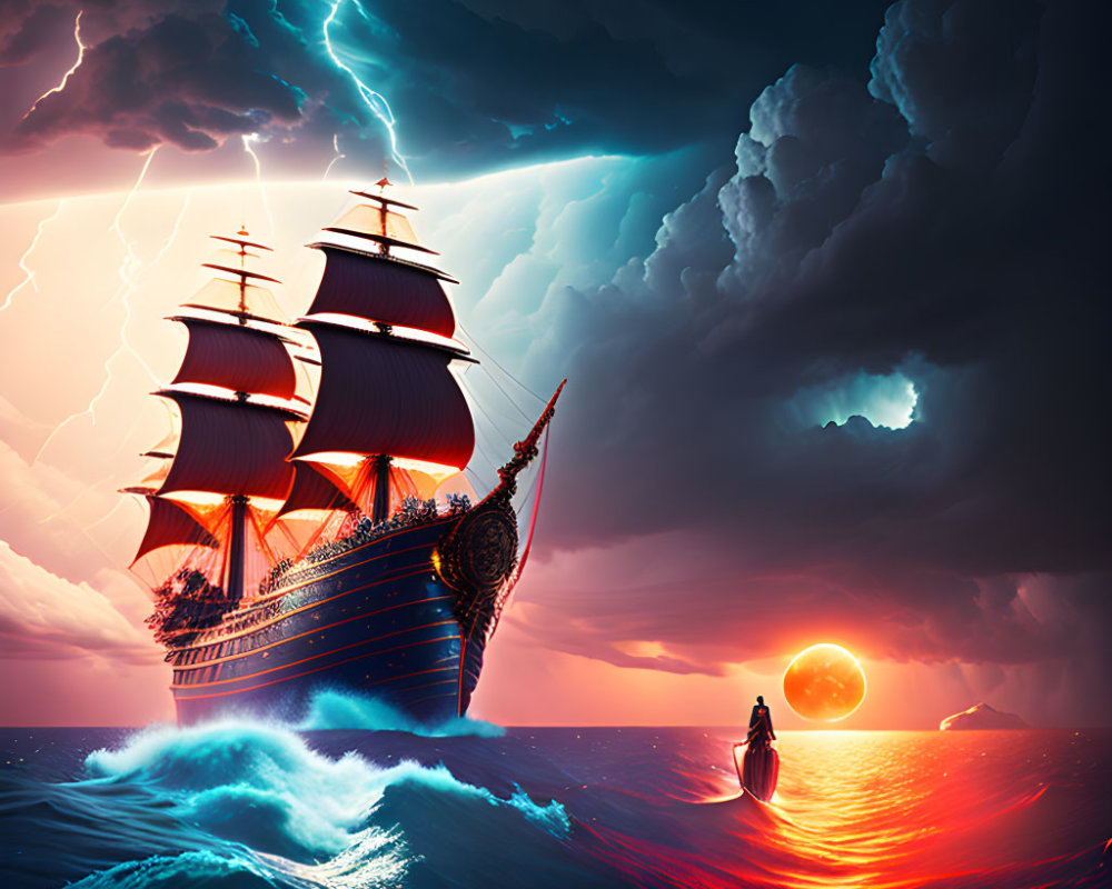 Tall ship sailing on turbulent seas at sunset with lightning and small boat observer