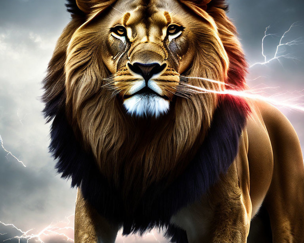 Majestic lion with vivid mane under stormy sky and lightning