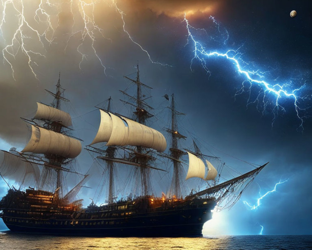 Majestic sailing ship on turbulent seas under dramatic sky