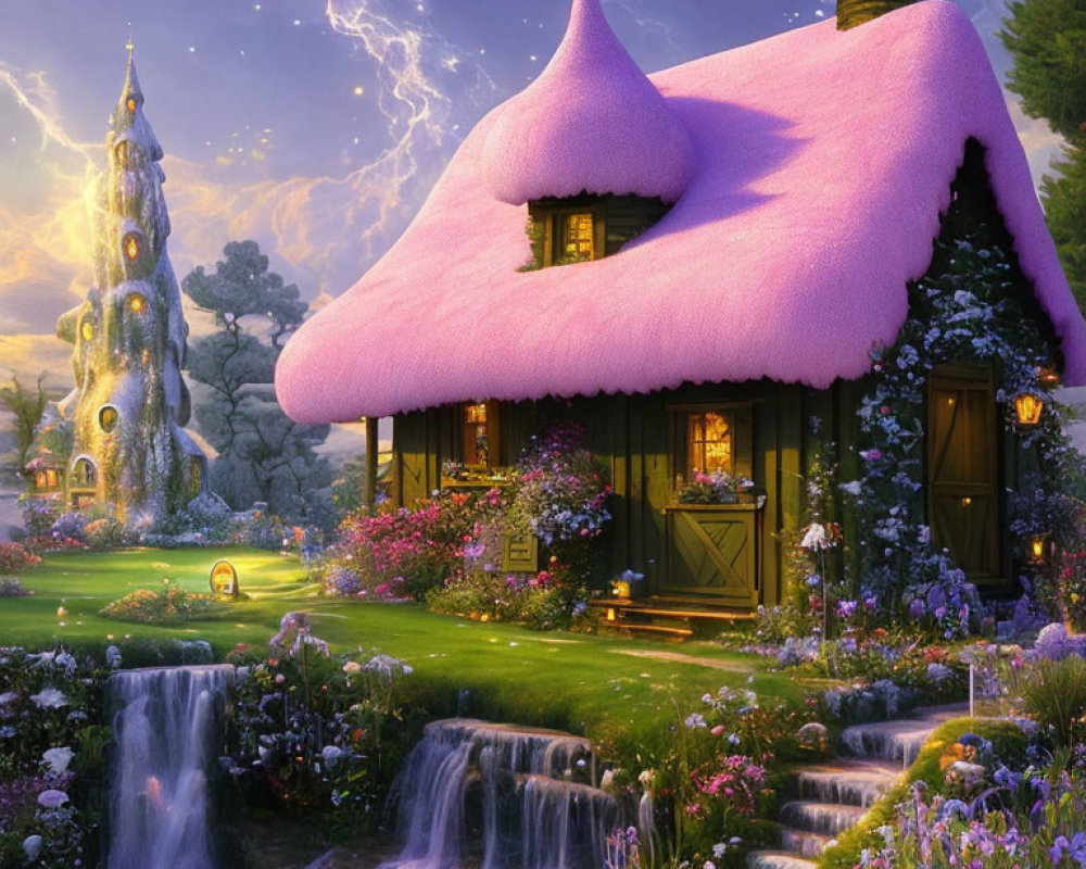 Pink Thatched Roof Cottage Surrounded by Flowers, Waterfall, and Fairytale Tower