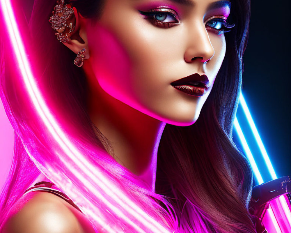 Digital artwork featuring woman with striking makeup under glowing neon lights