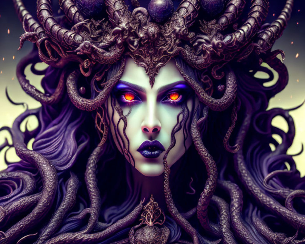 Illustration of female figure with Medusa-like appearance, snakes for hair, glowing eyes, dark attire