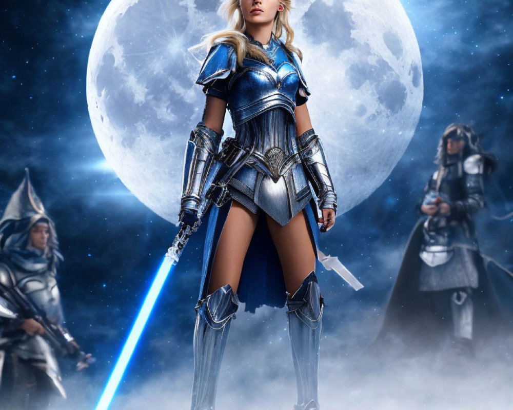 Futuristic knight armor woman with blue lightsaber in mystical night setting