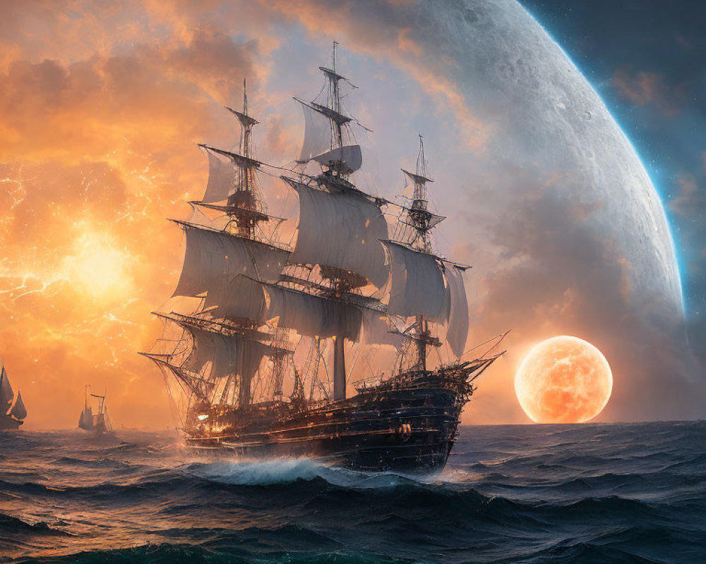 Tall ships sailing turbulent seas under moon and sun