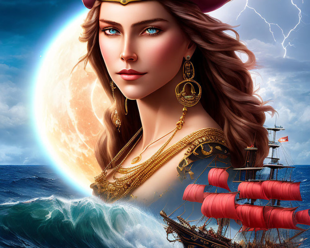 Illustrated female pirate with galleon ship on stormy sea waves under moon or sun.