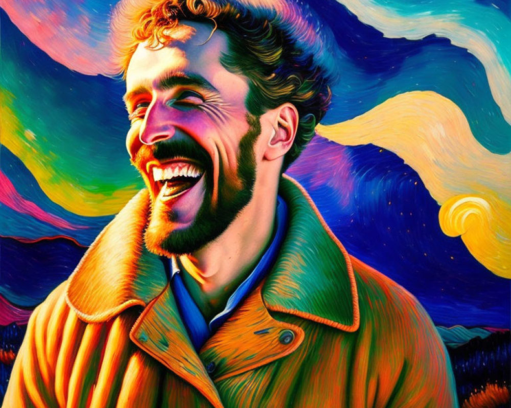 Colorful portrait of a smiling man with curly hair in Van Gogh style