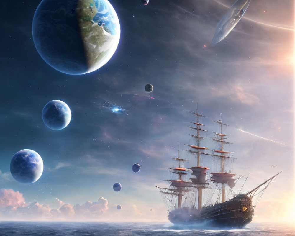 Tall ship sailing on calm seas with celestial bodies and UFO