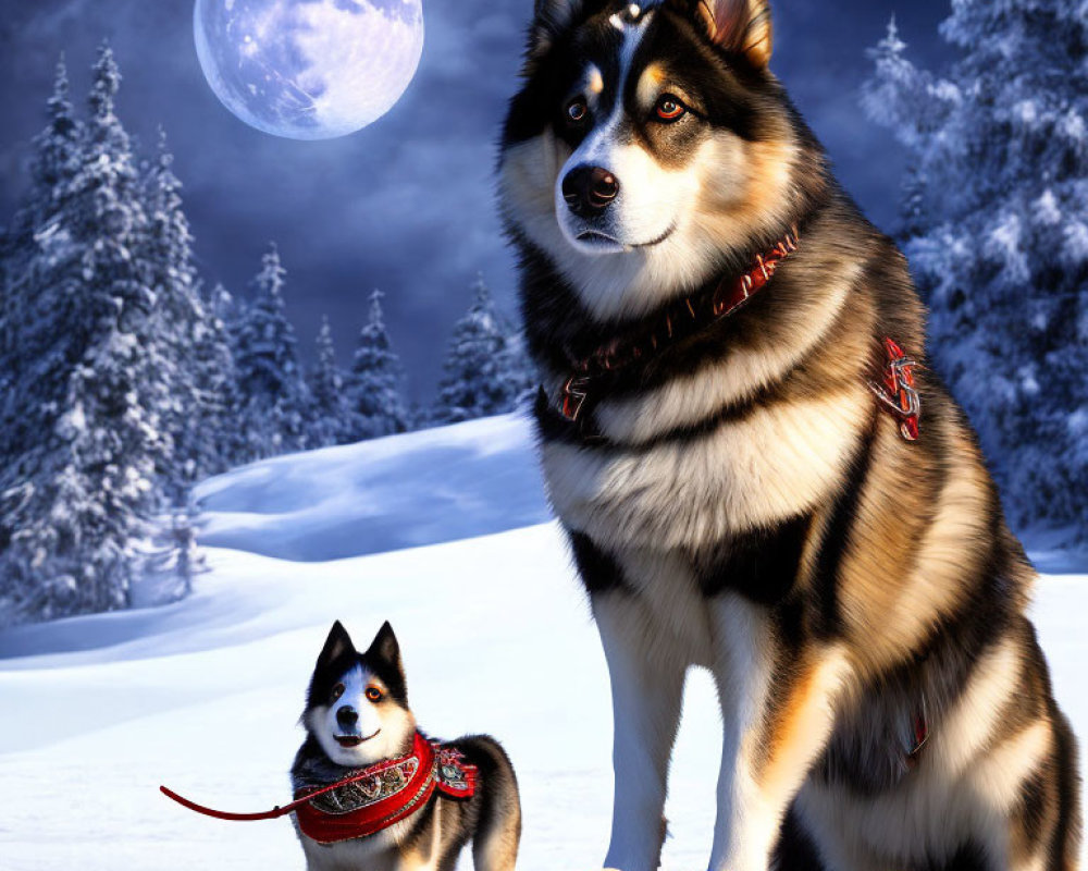 Two huskies in snowy night landscape with full moon; one large seated, one small with red