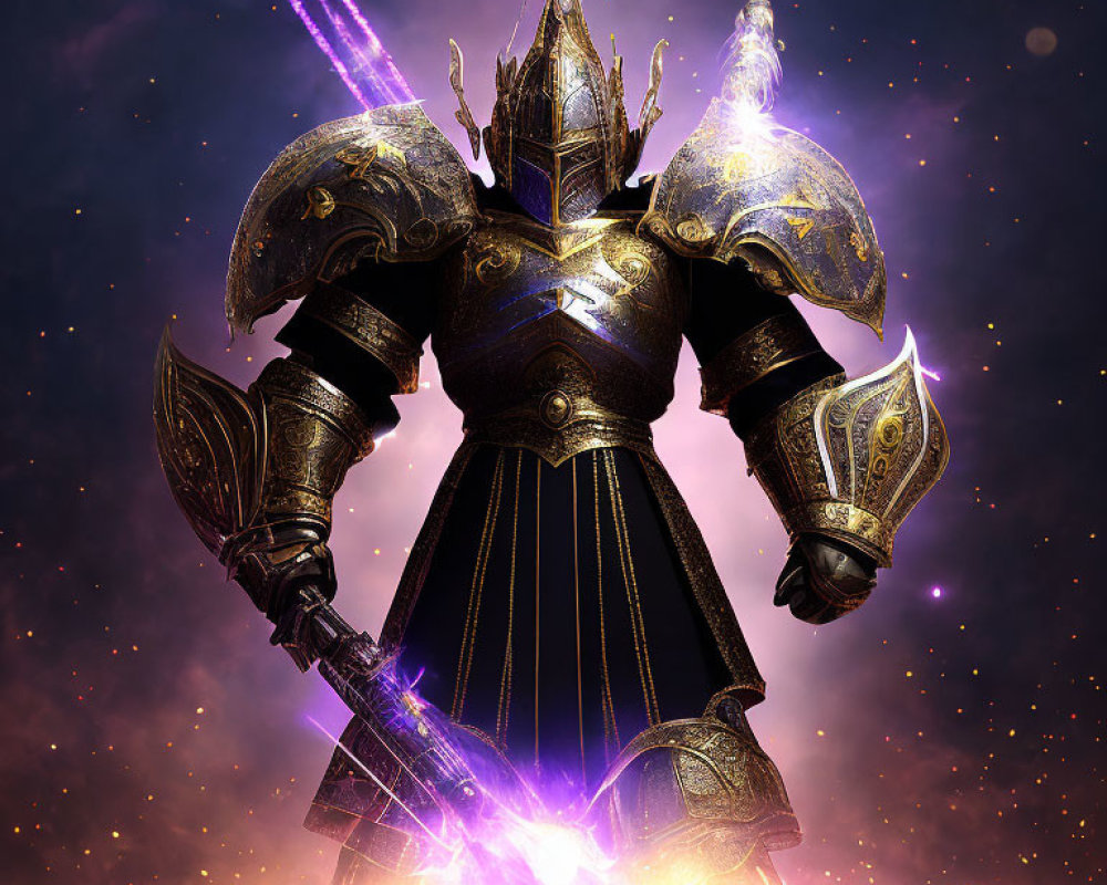 Armored knight with energy sword in cosmic setting.