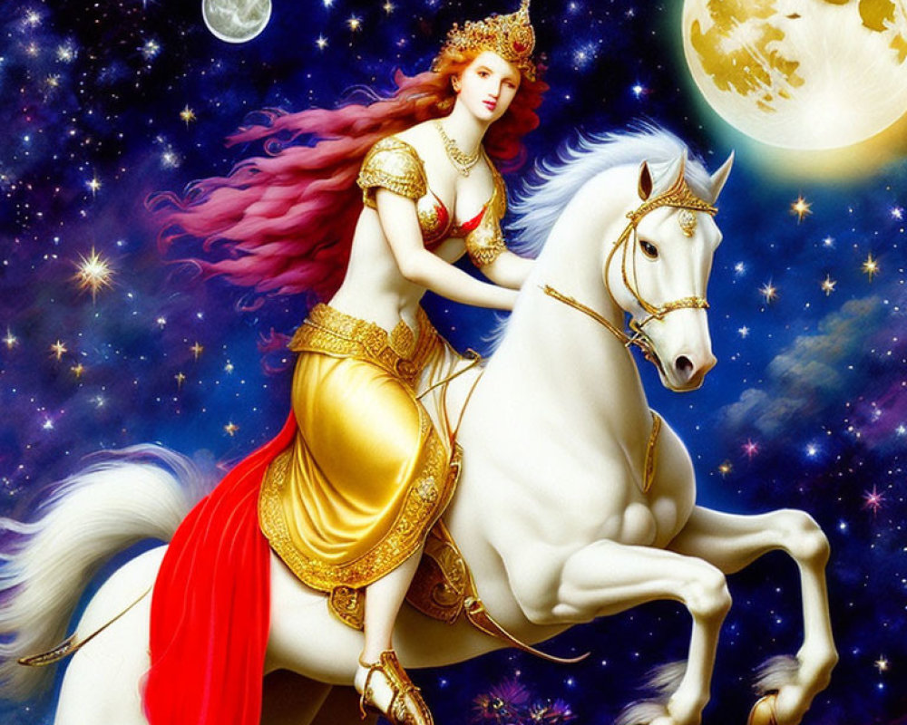 Fantasy illustration of woman with red hair on white horse under starry sky