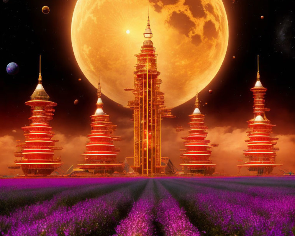 Futuristic spires and oversized moon in fantastical dusk landscape