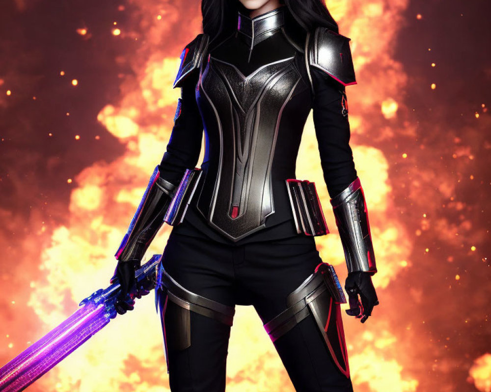 Digital artwork of female character in futuristic armor with glowing sword and fiery backdrop