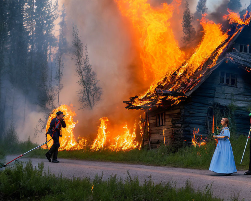 Firefighter hosing water near blazing wooden house with person in historical costume watching amid thick smoke