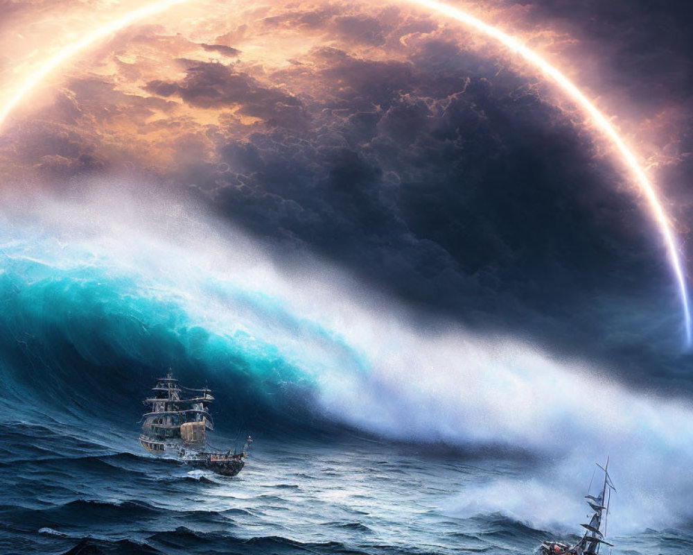 Dramatic ship scene with giant wave and surreal lighting