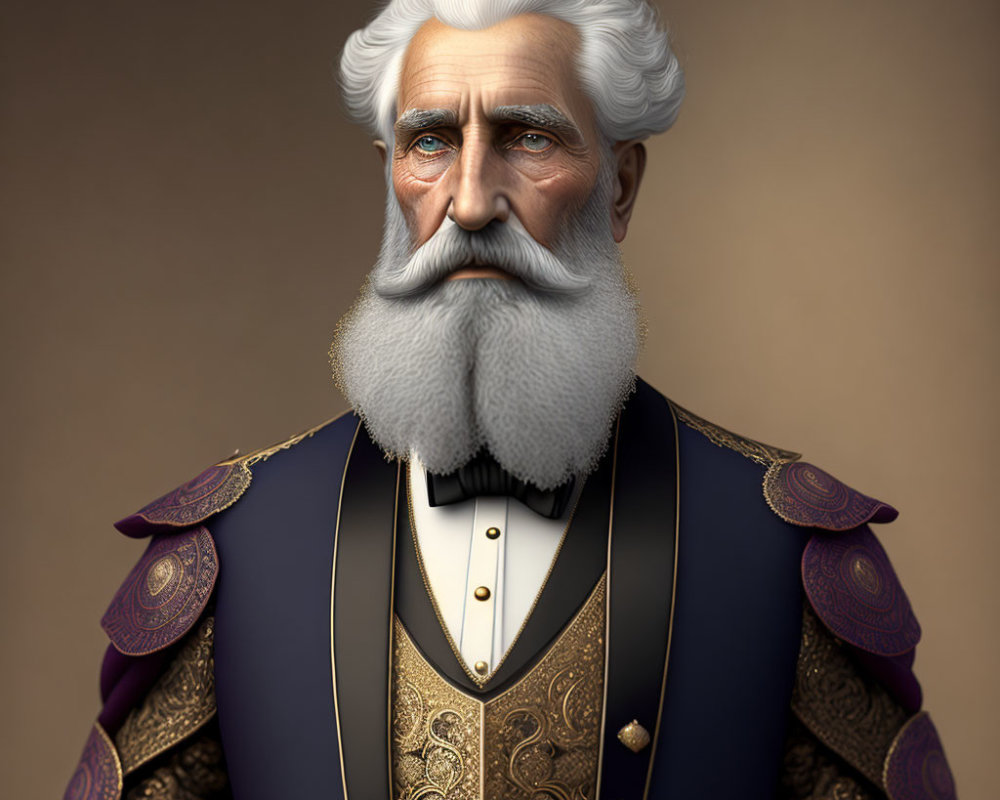 Elderly animated character in military uniform with white beard