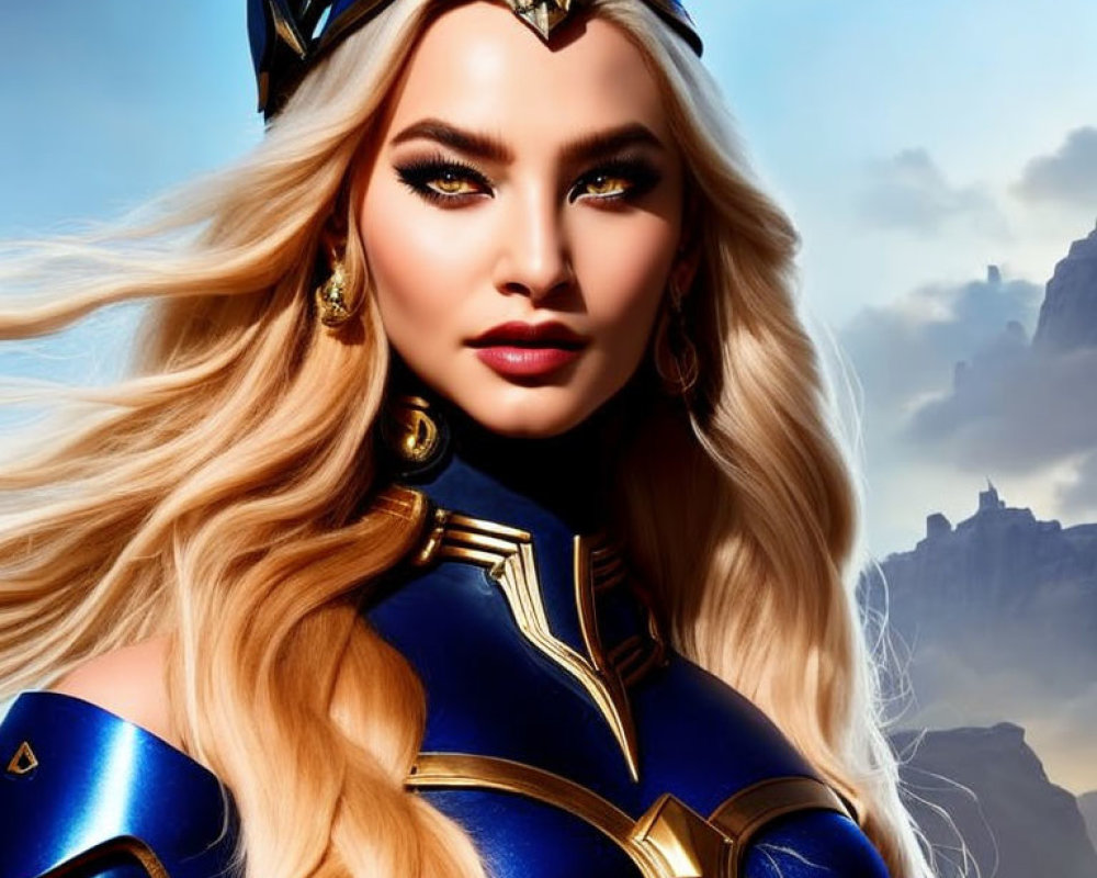 Blonde woman in blue and gold armor with crown helmet in digital art