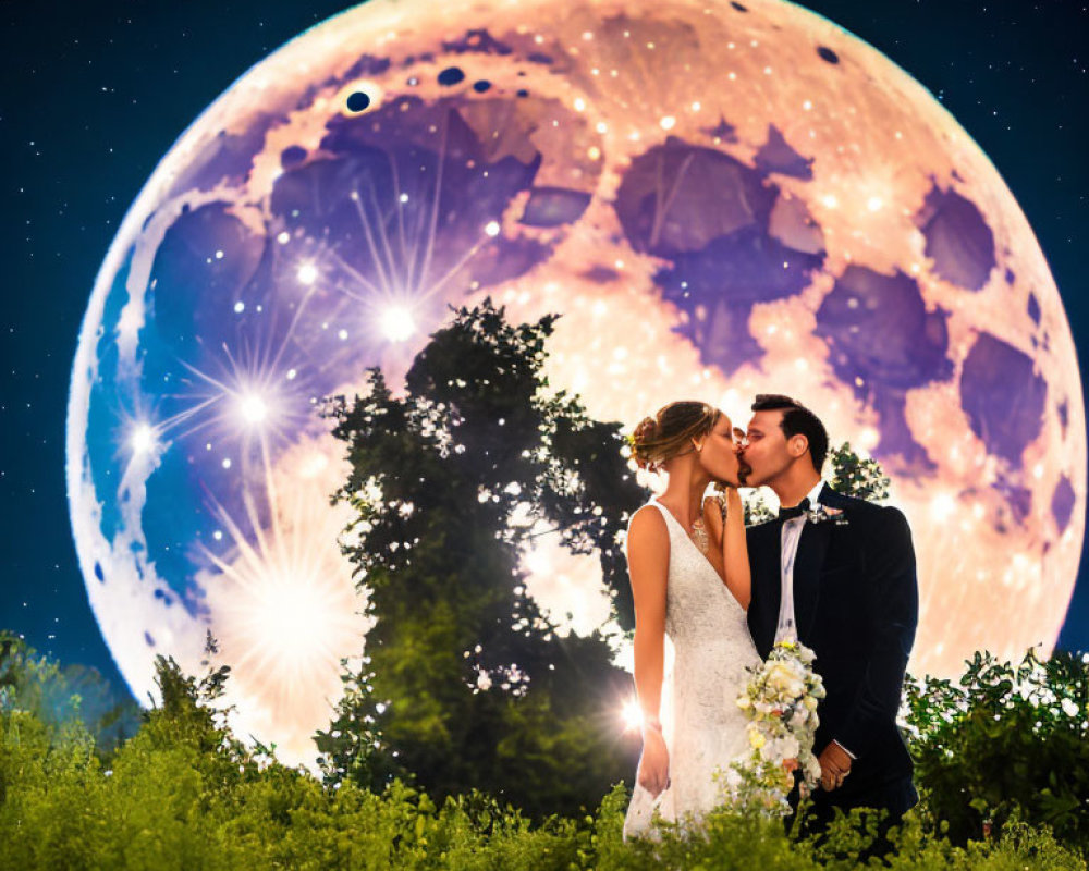 Wedding couple kissing under detailed night sky