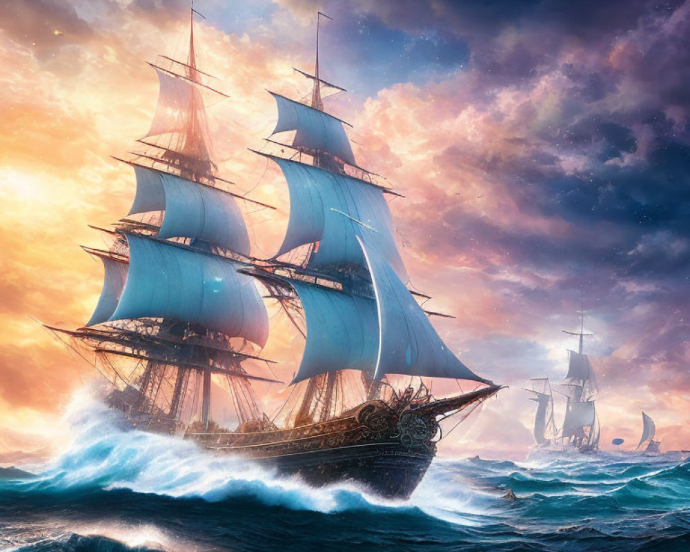 Tall ships sailing on turbulent seas under dramatic orange and blue sky