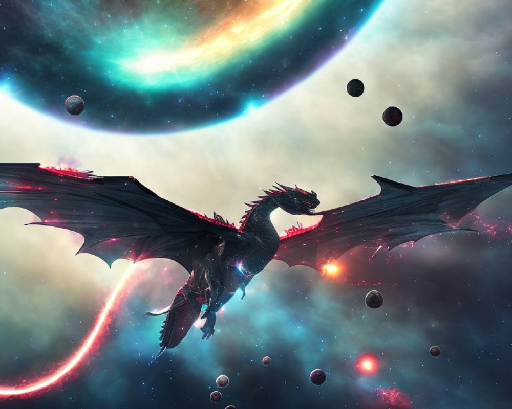 Black dragon flying through cosmic scene with planets and galaxy.