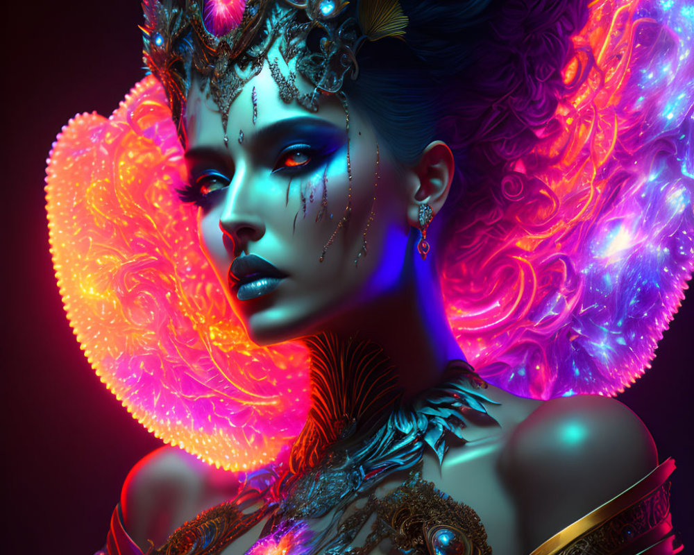 Vibrant neon colors in digital art portrait of woman