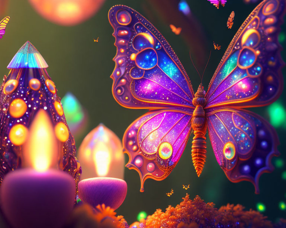 Colorful digital artwork: Whimsical glowing butterfly in fantasy landscape