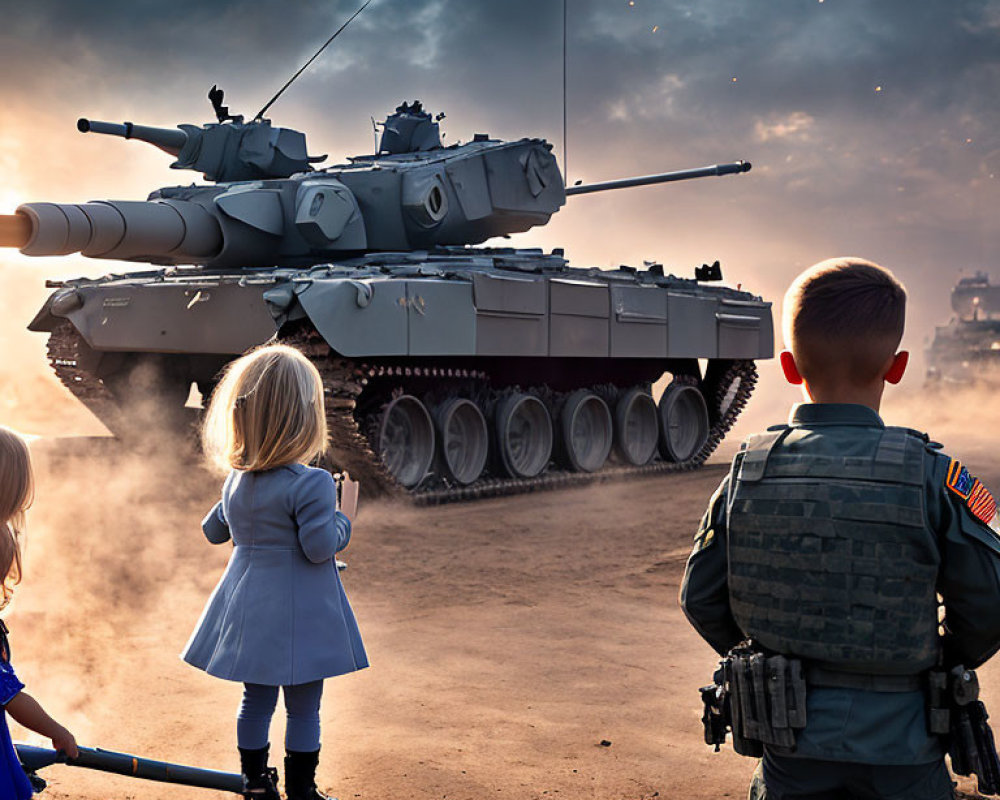 Children watching tank in dramatic, smoky setting with sunrays.