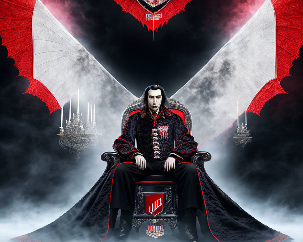 Regal Figure in Black and Red Cloak on Throne with Burning Candles