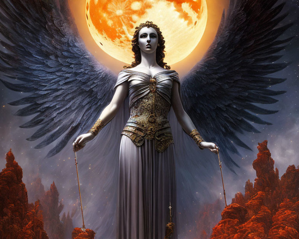 Dark-winged angel in golden armor against fiery landscape