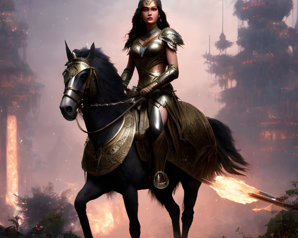 Majestic warrior on black horse in gold armor with foggy castle background