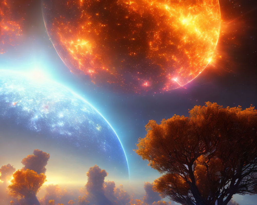 Surreal space scene with Earth-like and fiery orange planets above autumnal forest