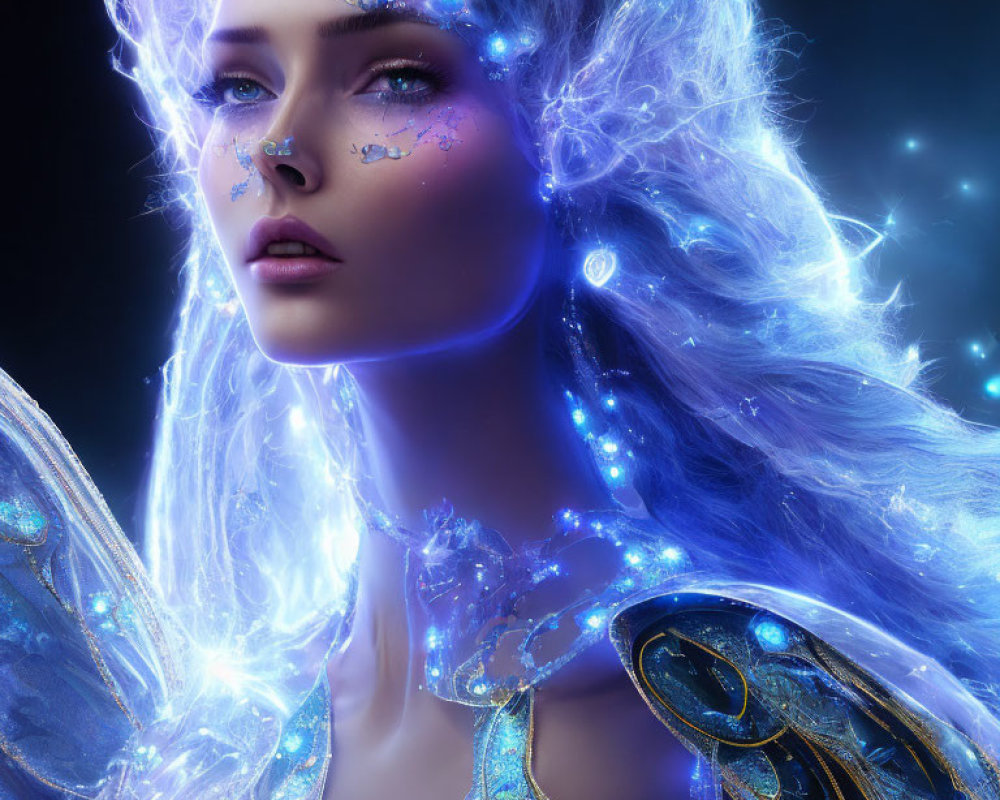 Fantasy illustration of woman with blue hair in gold armor