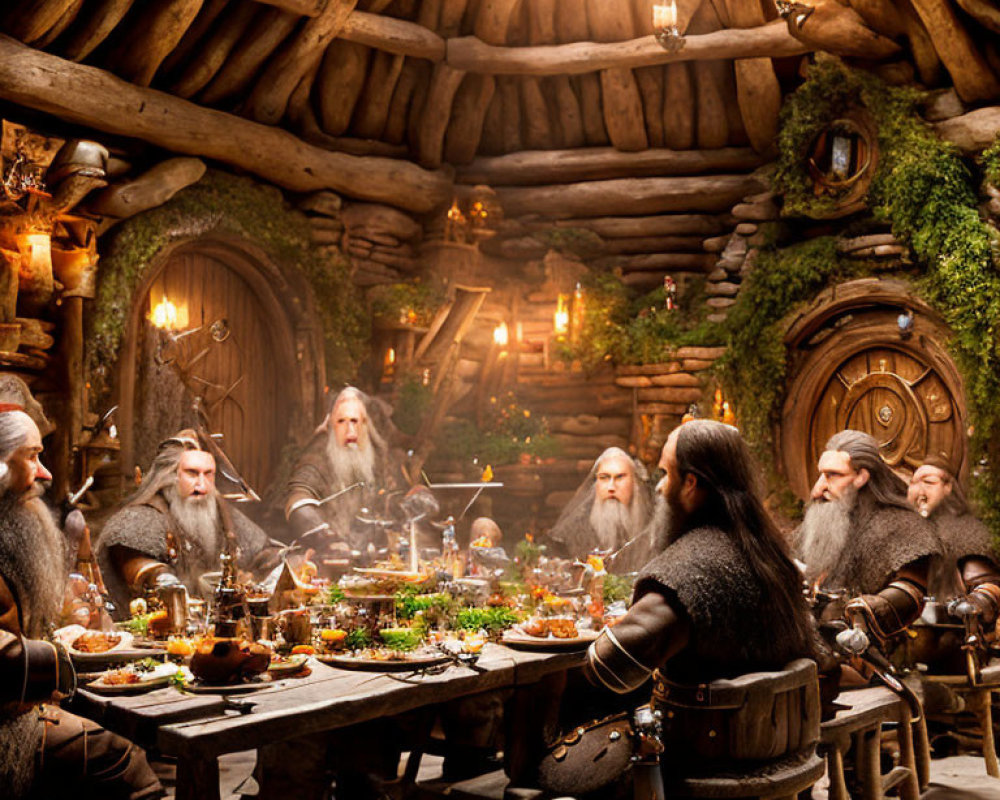 Dwarves feasting in cozy Hobbit-style home