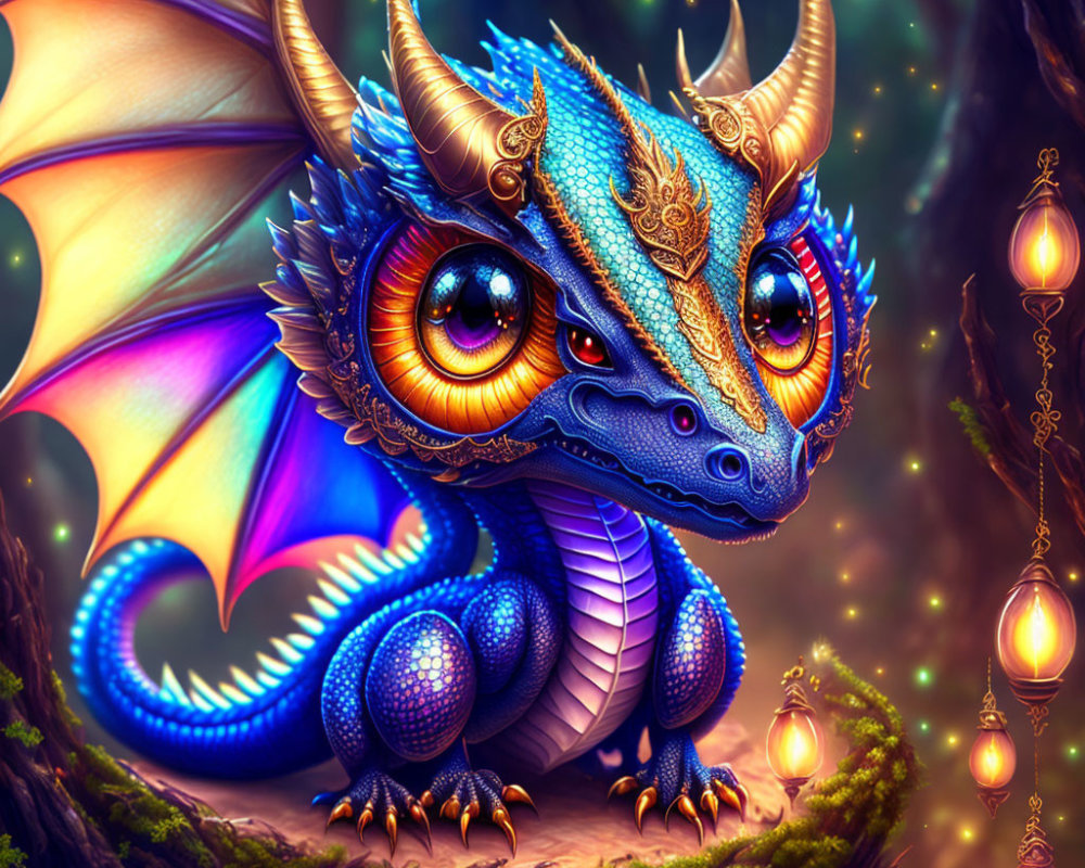 Colorful Dragon Illustration with Gold and Blue Scales and Purple Wings