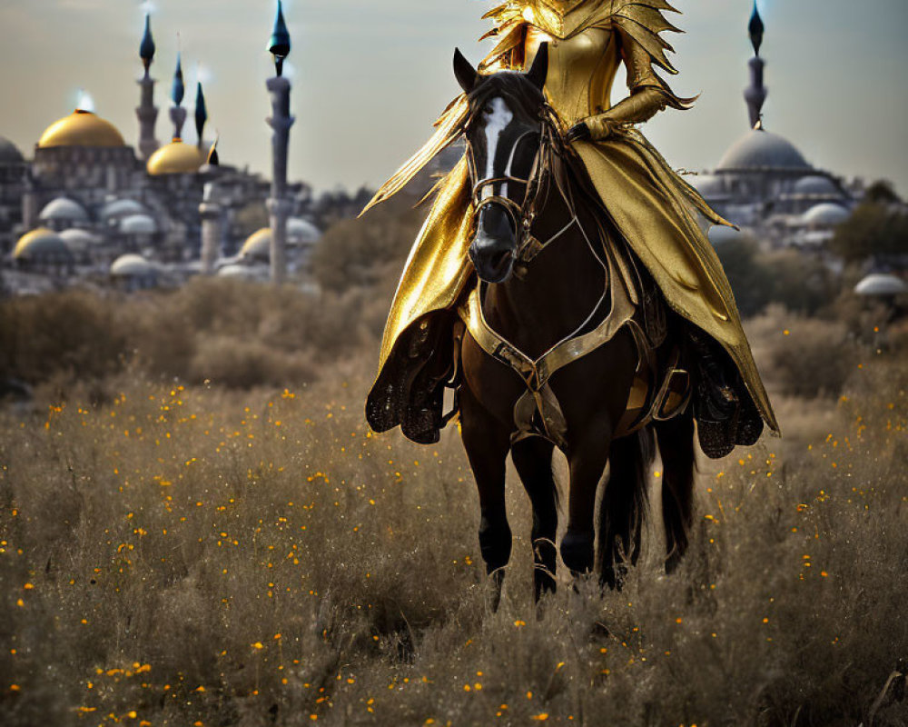 Golden armored knight on horseback in field with yellow flowers and mosque silhouette.