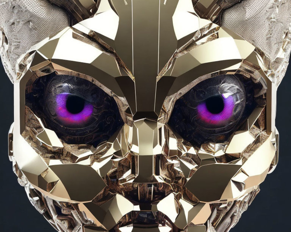 Futuristic metallic cat face with intricate patterns and glowing purple eyes