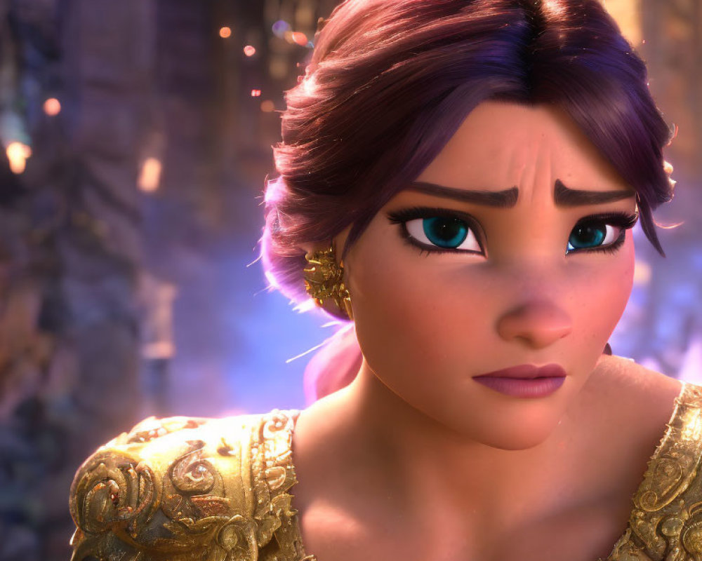 Detailed close-up of animated female character with purple hair and golden armor, against fantastical backdrop