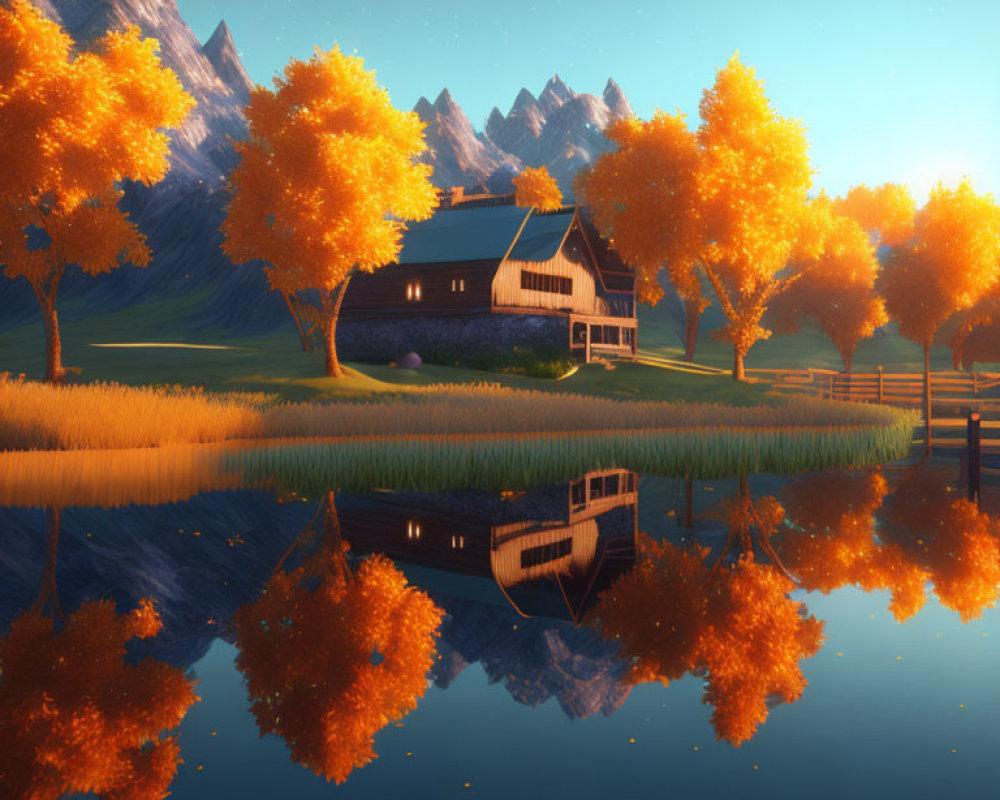 Tranquil autumn landscape with house, golden trees, lake, mountains, and dusk sky