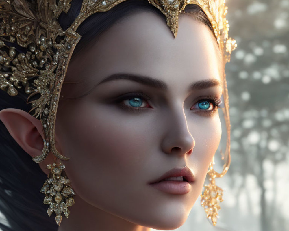 Detailed digital portrait of a fantasy elf queen with sharp ears, blue eyes, and golden crown in forest