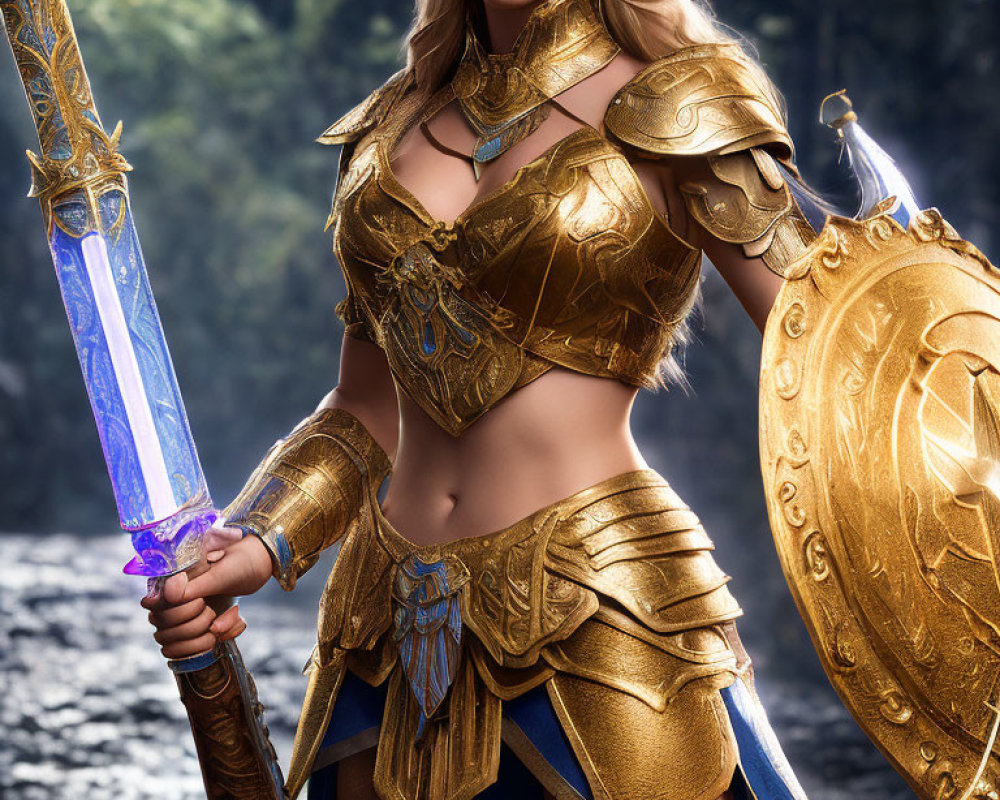 Golden-armored figure with glowing blue sword in forest