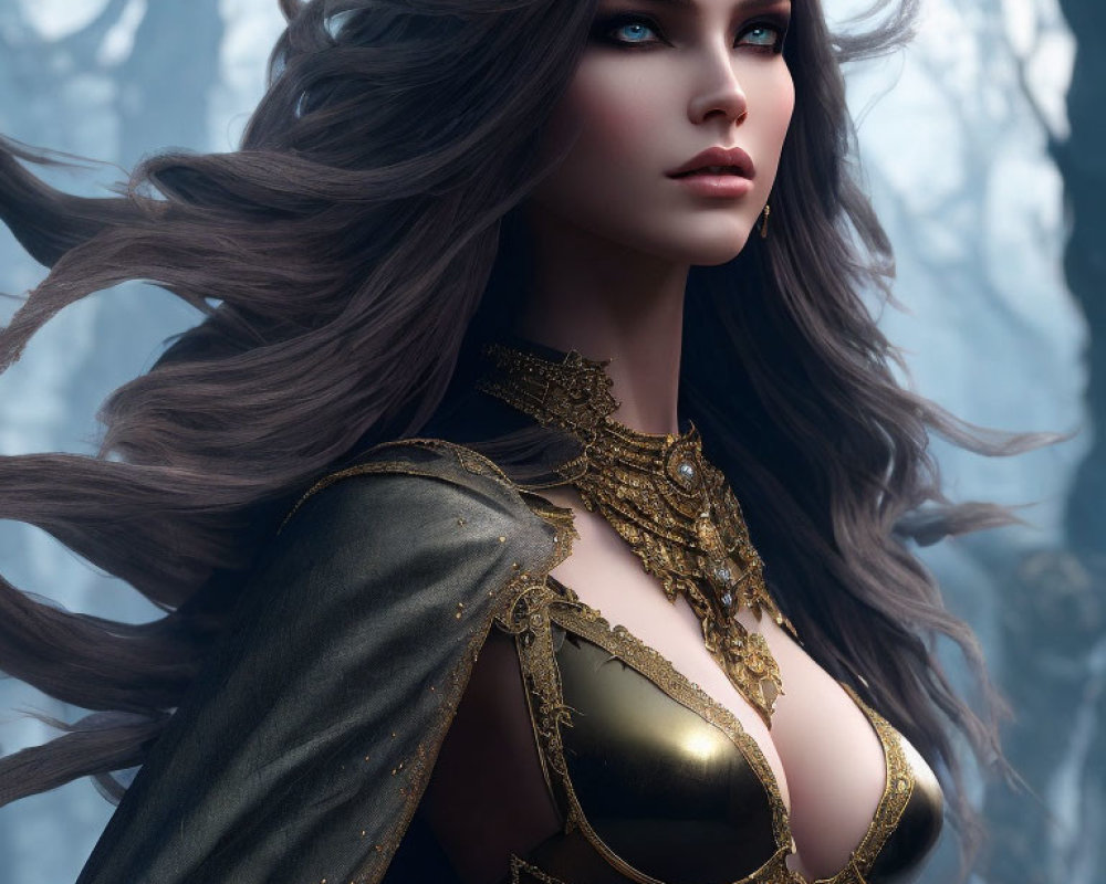 Digital Artwork: Woman in Gold Armor in Misty Forest