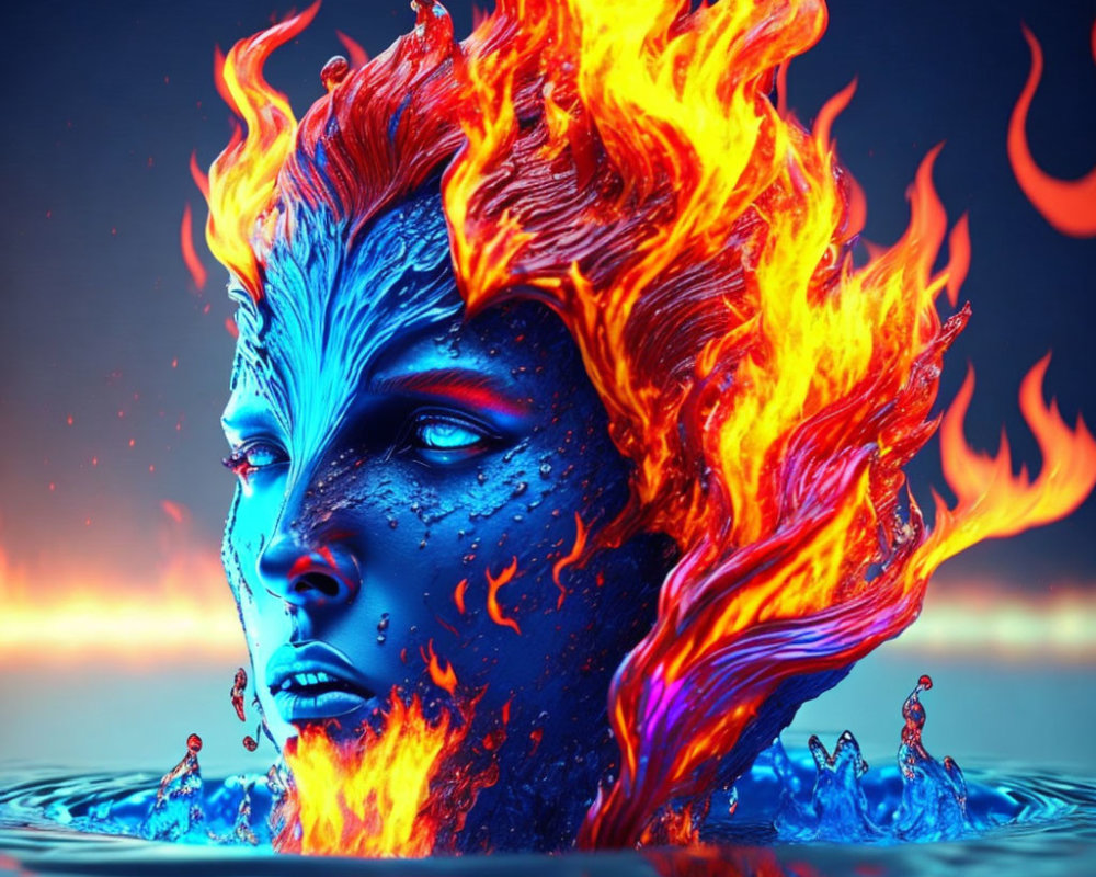 Blue Textured Face with Flaming Orange Hair in Water at Dusk